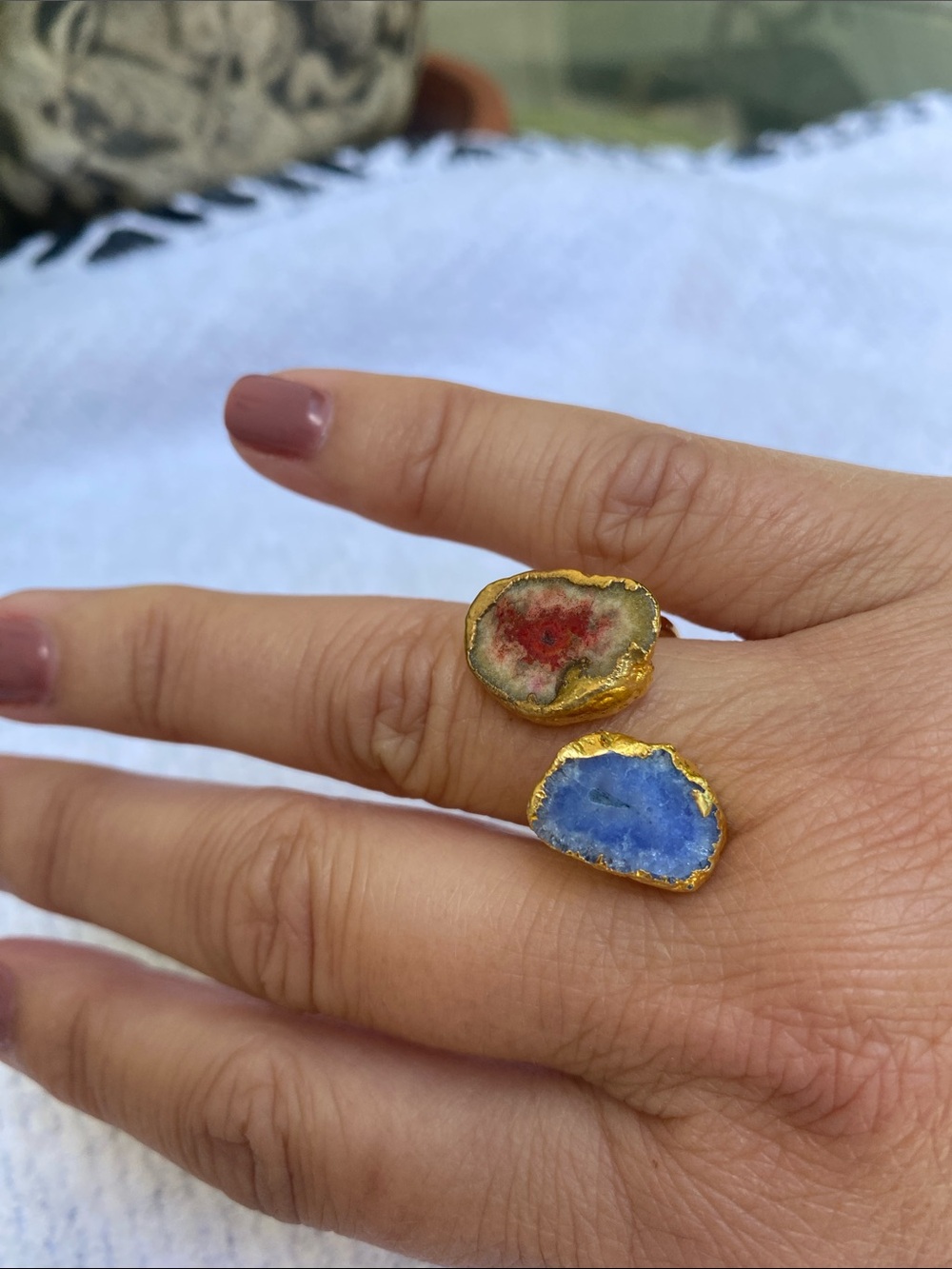 Gold Toned Adjustable Ring - Blue & Red Stones